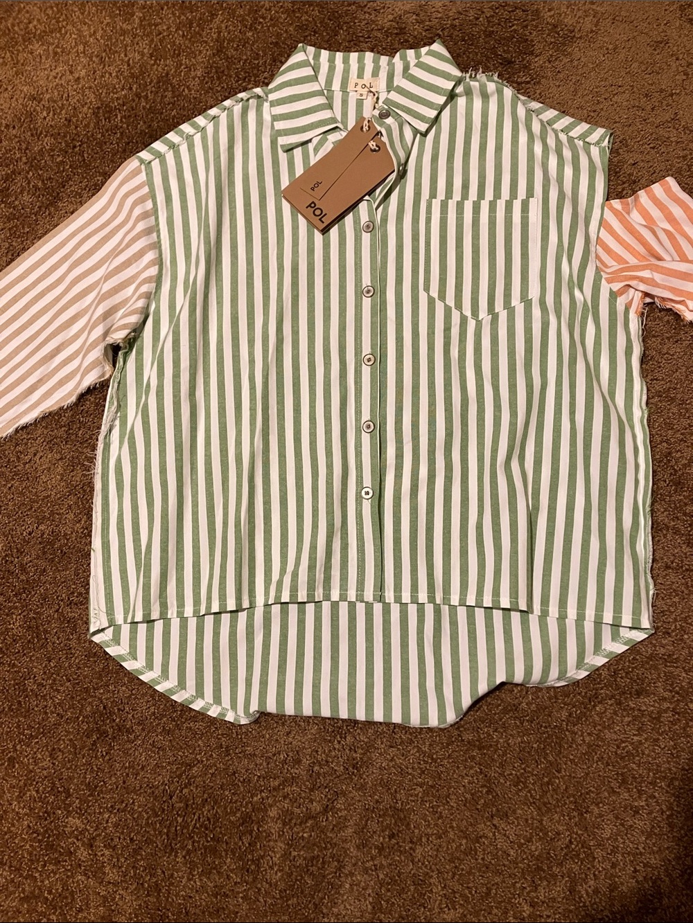 POL Striped Button-Down Shirt in playful colors. Size S. Single Cold shoulder.